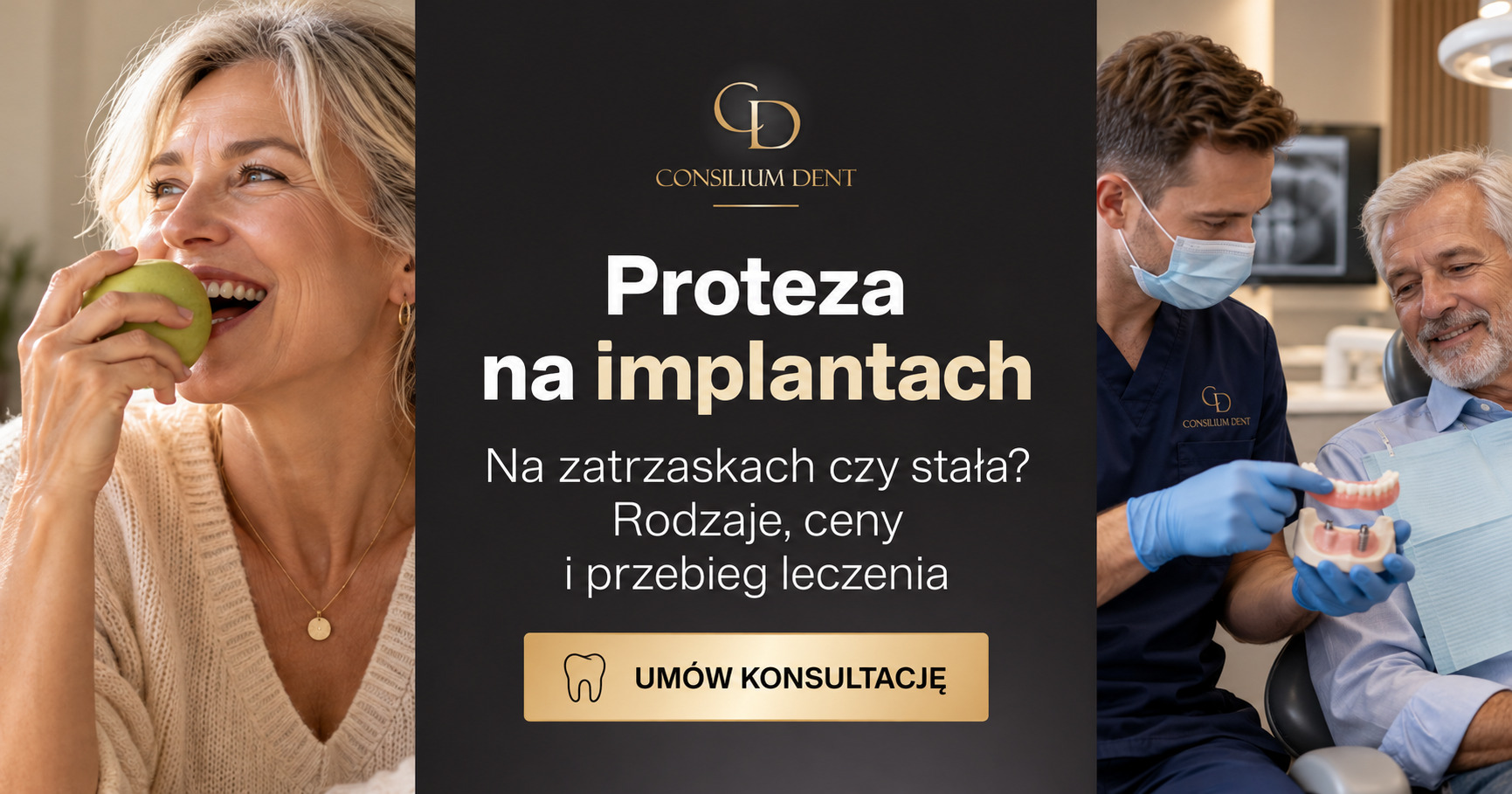 Proteza na implantach w Consilium Dent: kobieta gryząca jabłko i lekarz pokazujący pacjentowi model protezy na implantach